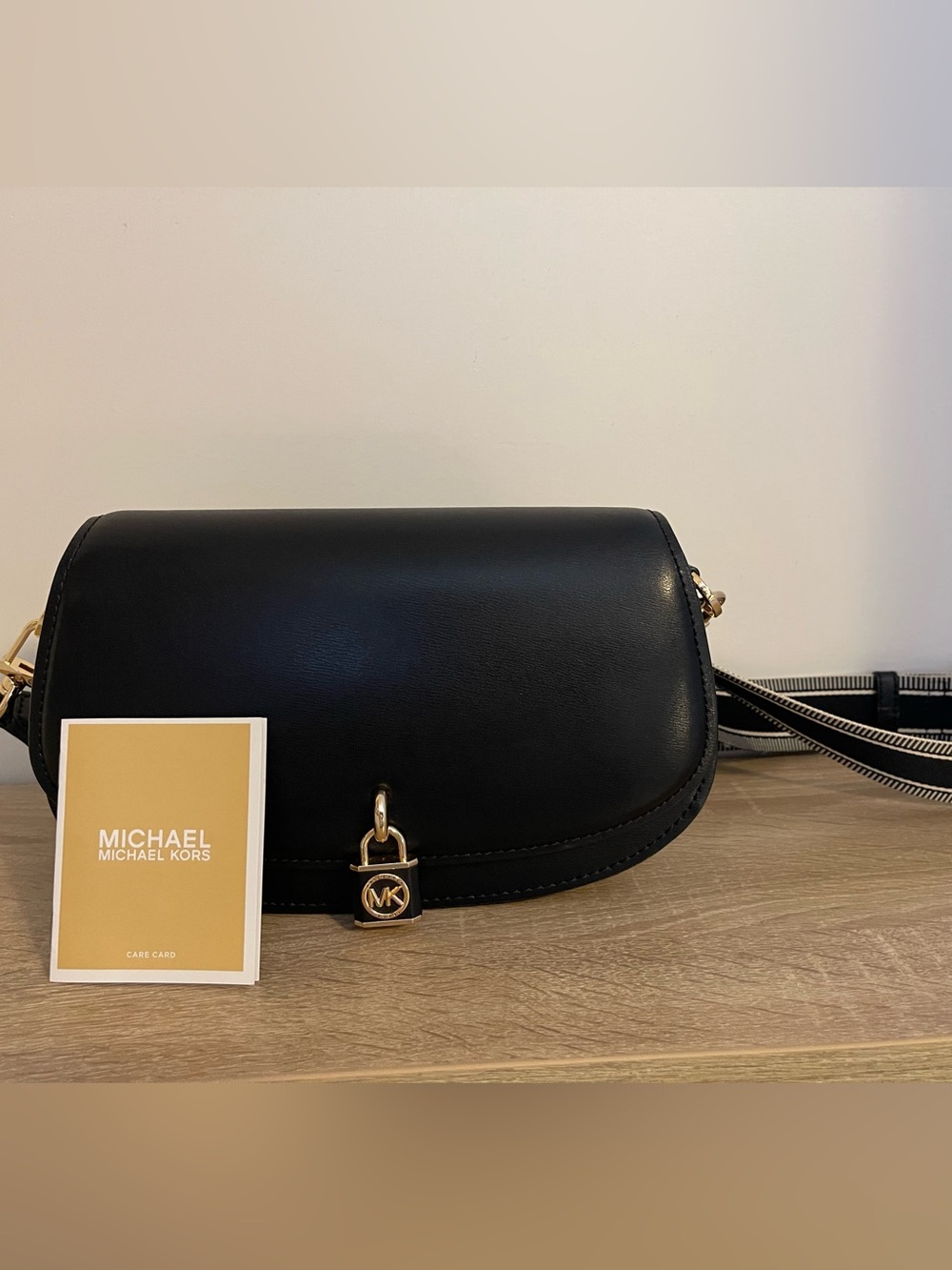Michael Kors Black Leather Crossbody with Gold MK Padlock